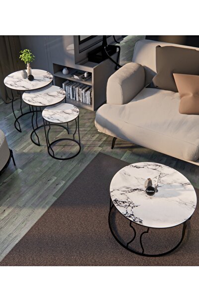 Puklife Rüya 4lü Zigon Ve Orta Sehpa Seti Siyah Ayak - Beyaz Mermer Desenli T...