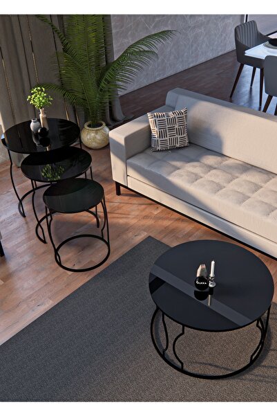 Puklife Rüya 4lü Zigon Ve Orta Sehpa Seti Siyah Ayak - Siyah Cam