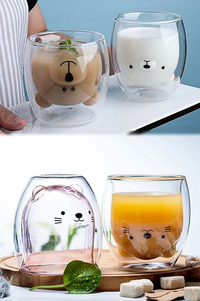 Tilbe Home 250ml Cute Teddy Bear Milk Tea Coffee Water Mug Cup - Double Glass and Heat Insulated