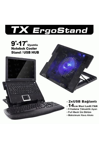 TX Acnbergst Ergostand - مروحة LED مقاس 14 سم، 5 مراحل، حامل تبريد للكمبيوتر المحمول 2xUSB 9-17