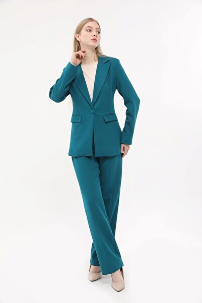 SİZ Yeşil Tek Düğme Ceket Kemerli Cepli Palazzo Pantolon Takım