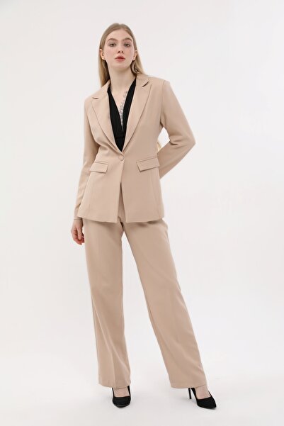 SİZ Krem Tek Düğme Ceket Kemerli Cepli Palazzo Pantolon Takım