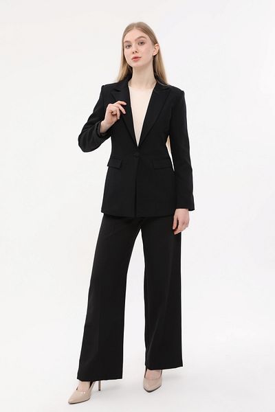 SİZ Black Single Button Jacket Belted Pocket Palazzo Pants Set