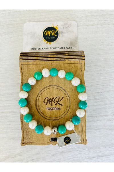 MK tasarım Real Pearl Real Turquoise Bracelet| Mktasarim in Special Box| Mktasarım Custom Customer Card