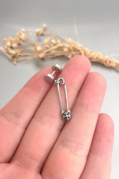 Jaida Moda Unisex Silver Gothic Safety Pin Figured Dangle Steel Earrings