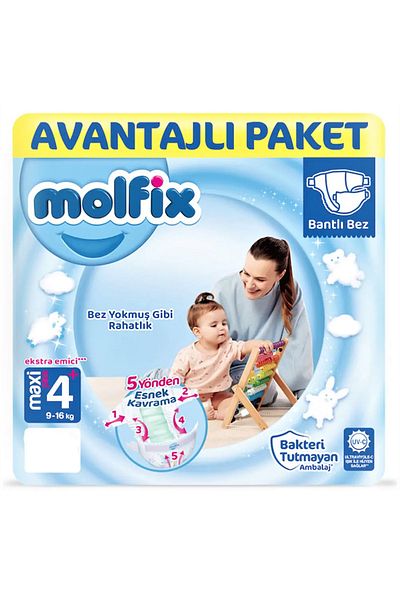 Molfix Baby Diapers 4+ Size Maxi Plus 9-16 Kg 52-Piece Opportunity Pack