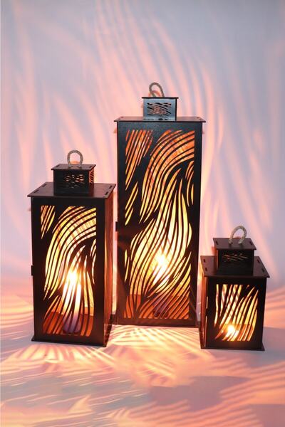 EDKZEKA Ahşap Fener Mumluk 3lü Set (renk Siyah)