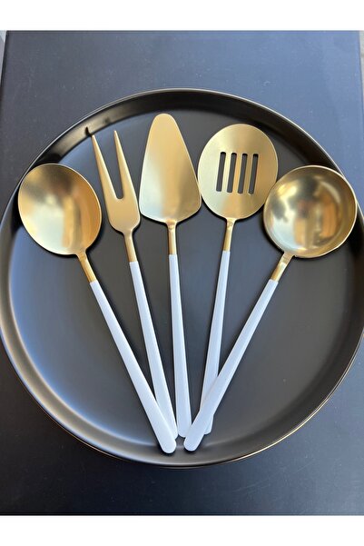 Demir Çeyiz Dmr Life 5 Piece Titanium Matte Gold White Sauce Serving Set (Small Size)