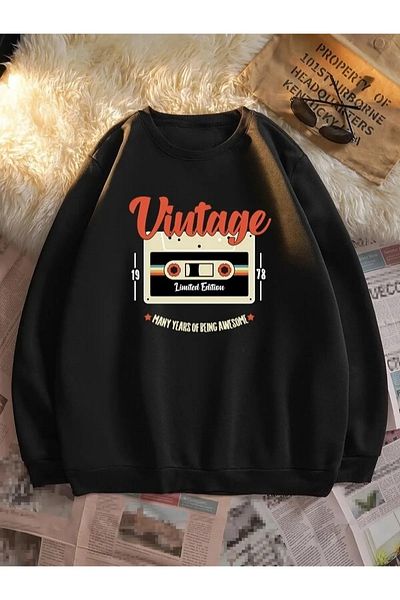 Keywest Φούτερ με στάμπα vintage κασέτας με 3 κλωστές - Χοντρό 3 κλωστές με ανυψωτικό
