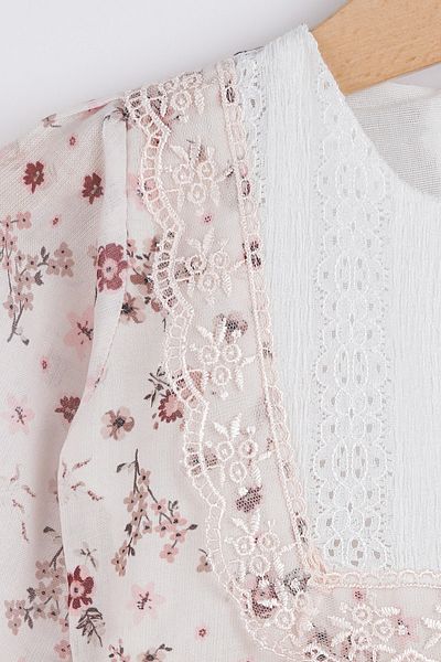 Banamio Floral Patterned Lace Detailed Bow Cotton Lined Chiffon Girl's Dress