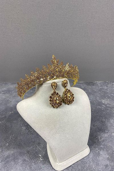Hobigram Set de coroană de mireasă și cercei cu picătură din piatră elegantă model Jessie de culoare miere – Coroană, piatră de cristal, model elegant –