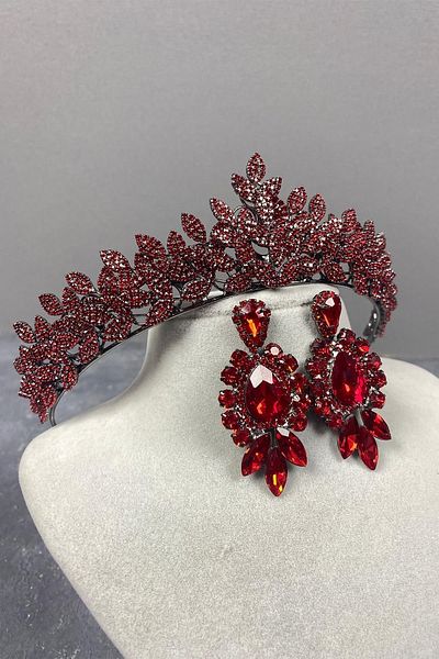 Hobigram Set de coroană de mireasă și trei cercei cu model roșu Jessie – Coroană, piatră de cristal, model elegant –