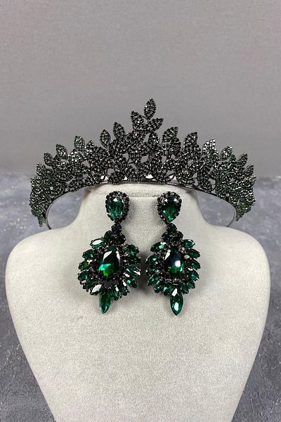 Hobigram Set de coroană de mireasă și cercei cu piatră elegantă model Jessie verde – Coroană, piatră de cristal, model elegant – Coroană