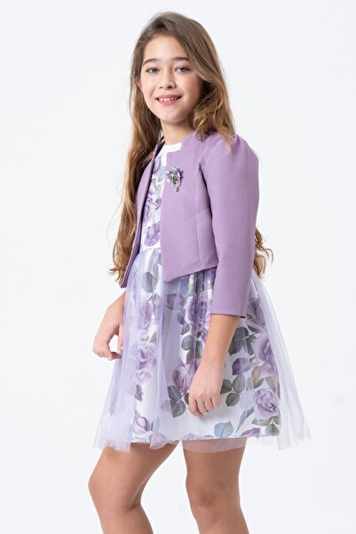 Kıvanç Çocuk Girl's Solid Color Jacket and Rose Tulle Holiday Seasonal Dress Set