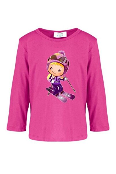 LADİJİTAL BASKI ÇÖZÜMLERİ تي شيرت للأطفال باللون الوردي مع صورة فتاة التزلج