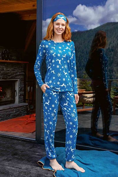 Doreanse Set pijamale pentru femei cu model de cerb albastru de Anul Nou - 4022
