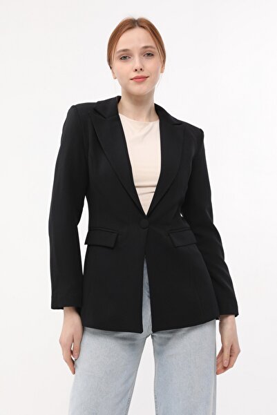 diaves Siyah Tek Düğme Kadın Dokuma Kumaş Ceket