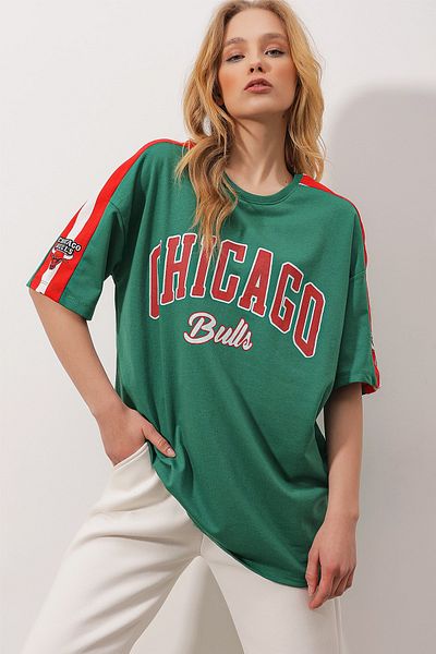 Trend Alaçatı Stili T-Shirt - Grün - Oversized