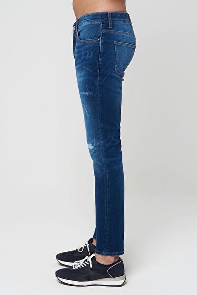CROSS JEANS Medium Blue Slim Buttoned Trousers with Patch Detail E 4405-006