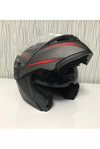 JK -902 Kırmızı Karbon Desen Çene Açılır Motosiklet Kaskı Güneş Gözlüklü