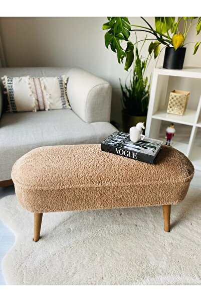 WEBPANYA Retro Ceviz Renk Ahşap Ayaklı Geniş Oturum Alanlı Oval Bench Puf Kahverengi Teddy Kumaş