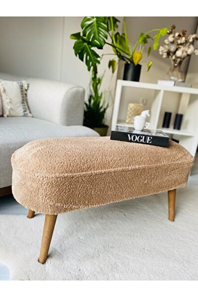 WEBPANYA Retro Ceviz Renk Ahşap Ayaklı Geniş Oturum Alanlı Oval Bench Puf Kahverengi Teddy Kumaş
