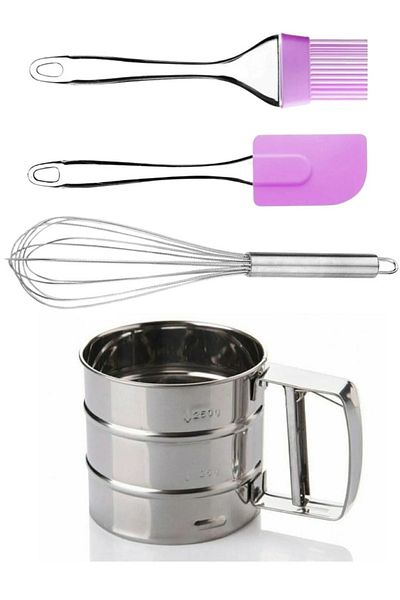 Hilamingo Home Flour Sieve Press Sugar Powder Sieve + Steel Egg Beater + Egg Brush + Silicone Spatula