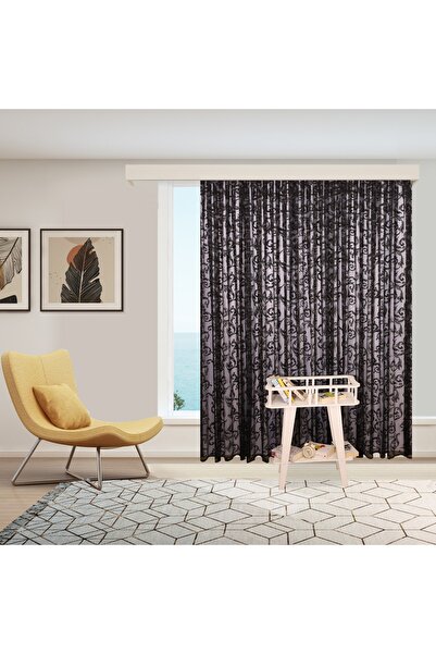 perhal perde ve halı Şal Desen Siyah Örme Kırışmayan Pilesiz Tül Perde