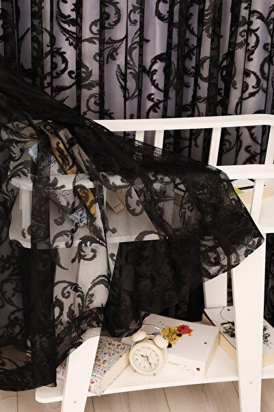 perhal perde ve halı Şal Desen Siyah Örme Kırışmayan Pilesiz Tül Perde