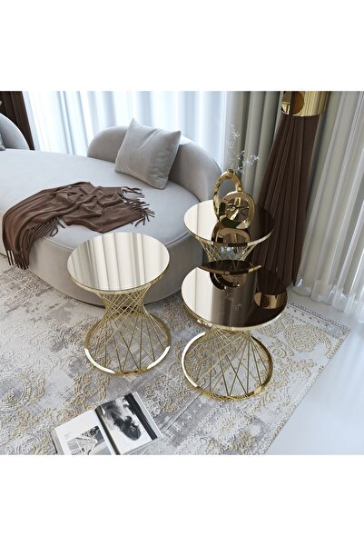 Puklife Hasır 3'lü Zigon Sehpa Takımı Gold Ayak Bronz Ayna