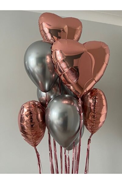 MERİ PARTİ Rosegold Heart Balloon And Silver Chrome Balloon Foil Balloon Set