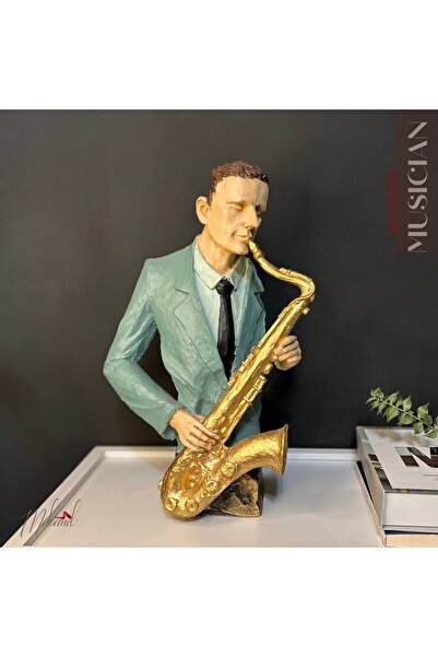 MÜKEMEL El Yapımı Saksafon Çalan Heykel – Şık Müzisyen Figürü (Takım Elbiseli...