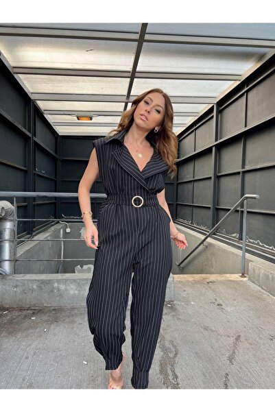 ÇEÇİM Kadın Toka Kemer Detaylı Kruvaze Yaka Çizgili Tulum Zyn-58437