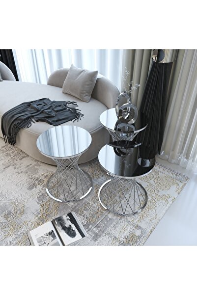 Puklife Hasır 3'lü Zigon Sehpa Takımı Gümüş Ayak Füme Ayna
