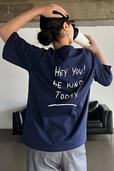 MODAGEN Unisex Navy Blue Hey You Printed Oversize T-shirt