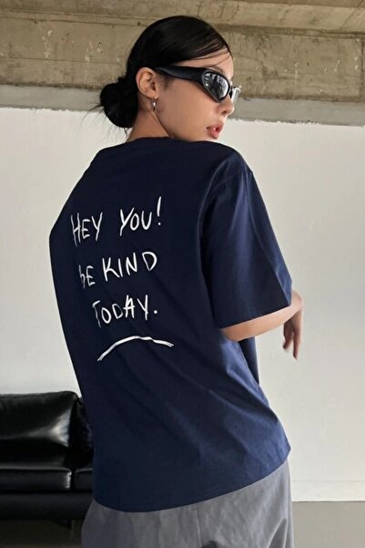 MODAGEN Unisex Navy Blue Hey You Printed Oversize T-shirt