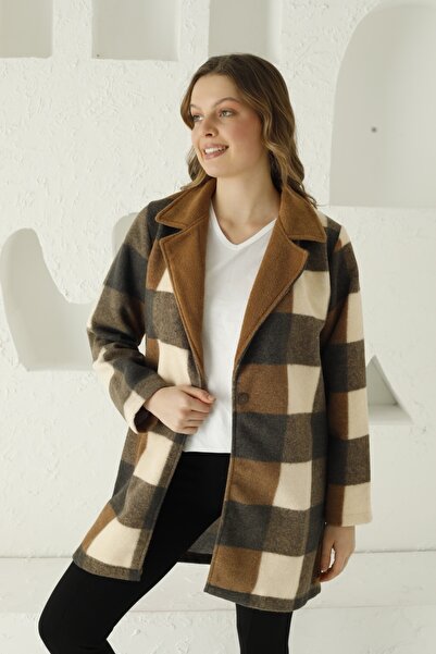 pijamacity Kahverengi Ekoseli Kadın Kaban