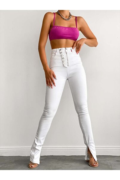 efstyle άνοιγμα ελαστικό ύφασμα Τζιν παντελόνι με λεπτομέρεια με κουμπιά και φερμουάρ στο μπροστινό μέρος