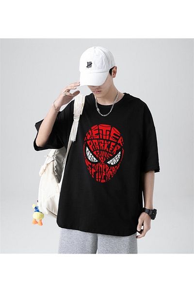 Touz Spider-Man Head Printed Μαύρο μπλουζάκι Unisex Oversize