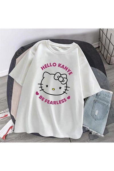 Touz Moda Hello Kanye Be Fearless εμπριμέ λευκό μπλουζάκι Unisex Oversize