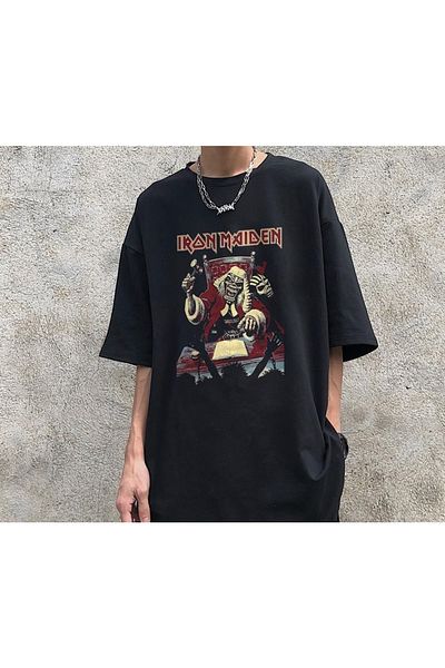 Touz Eysa Rock Series Iron Maiden Skull Black Unisex Oversize T-Shirt