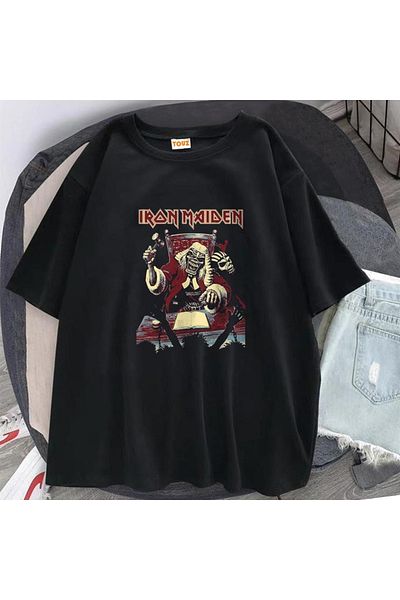 Touz Eysa Rock Series Iron Maiden Skull Black Unisex Oversize T-Shirt