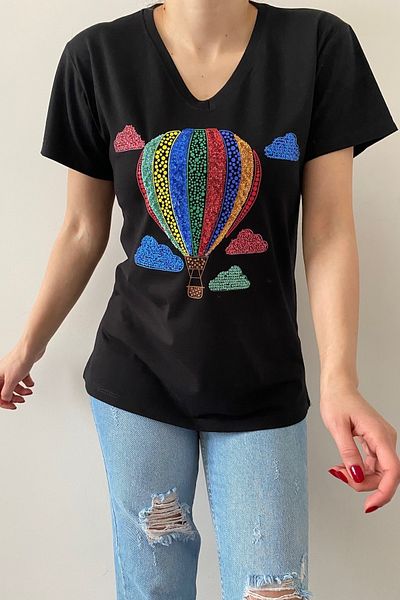 FEMELLE Tricou negru din bumbac, cu decolteu în V, cu model de balon din sezonul nou, cu paiete brodat