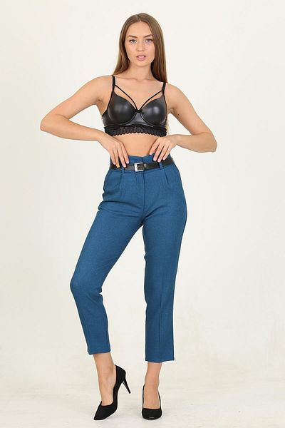Neşeli Butik Women's Petrol Belted High Waist Ankle Length Carrot Trousers Qns030