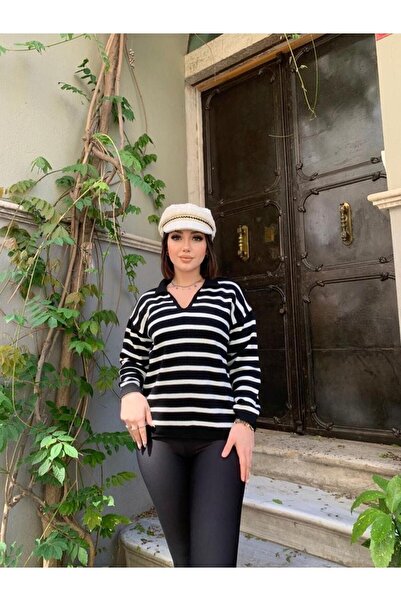 MAKER BUTİK Γυναικείο πλεκτό πουλόβερ με ριγέ λαιμόκοψη