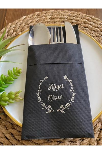 kidspartim 12-Piece Silver Gilt Black Napkin - Bon Appetit Design with Pockets, 40x40