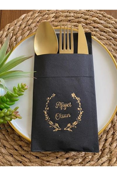kidspartim 12-Piece Gold Gilded Black Napkin - Bon Appetit Design with Pockets, 40x40