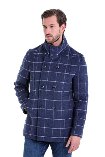 Hatemoğlu Navy Blue Slim Fit Mono Collar Wool Double Breasted Cashmere Coat