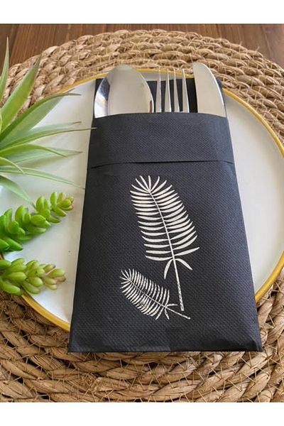 kidspartim 12 Pieces Silver Black Palm Napkin - Pocketed, 40x40