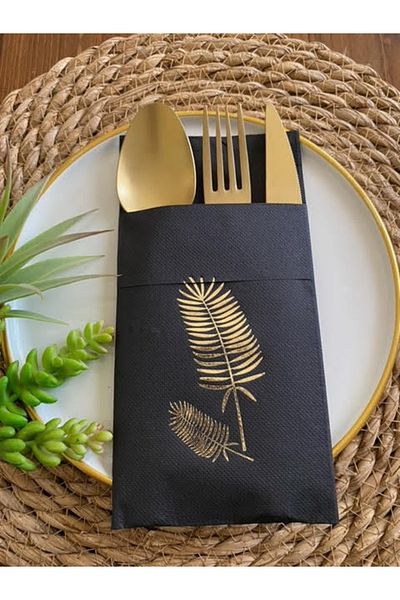 kidspartim 12 Pieces Gold Black Palm Napkin - Pocketed, 40x40
